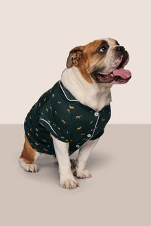 Model is wearing Gisele Printed TENCEL Modal Pet PJ  in Holiday Dogs Pine/Ivory