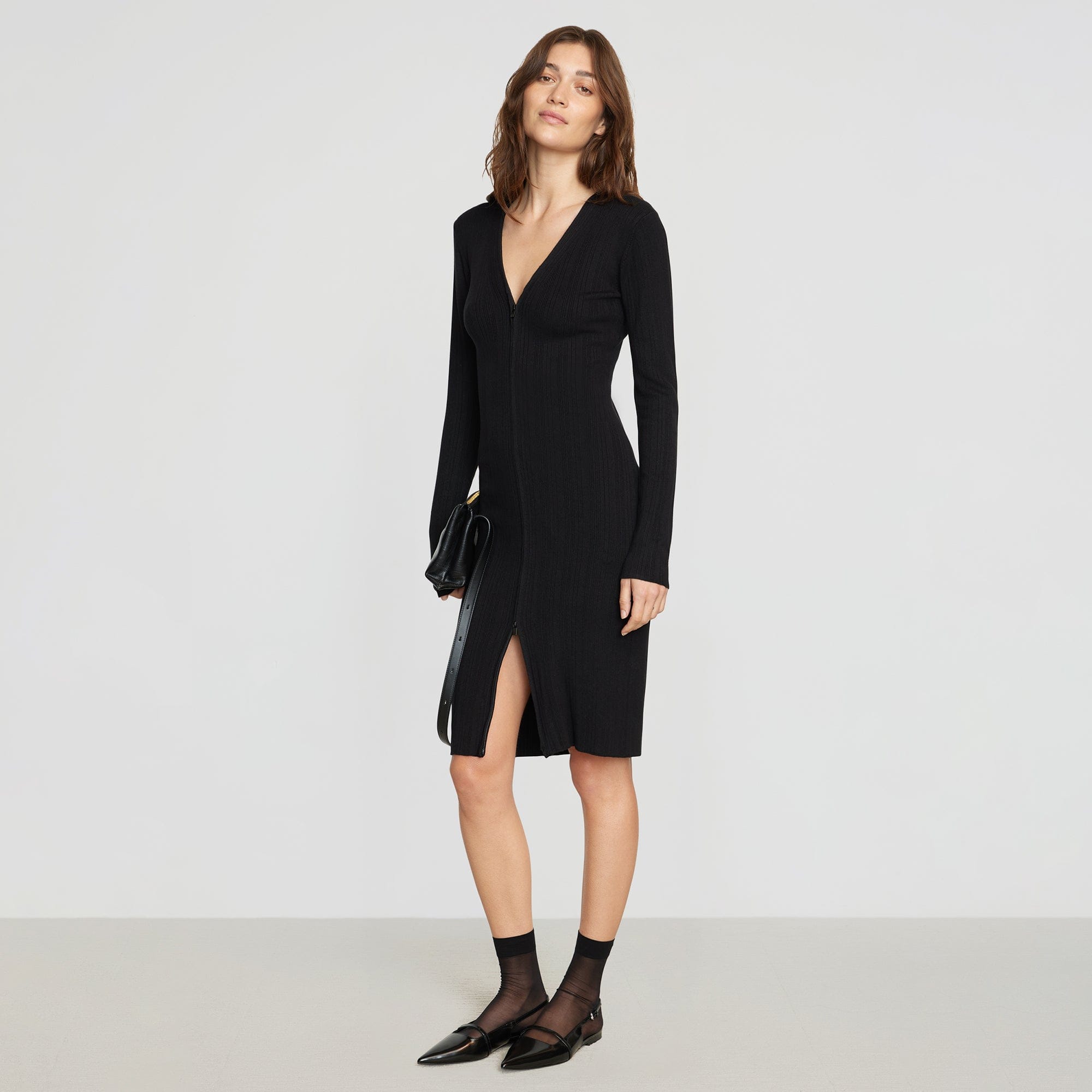 Ahran Ribbed Two-Way Zip Dress | Black