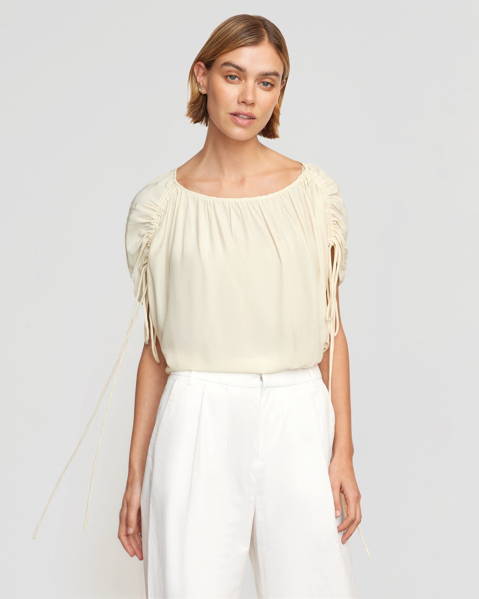 Akari Semi-Sheer Gathered-Shoulder Blouse | Cream