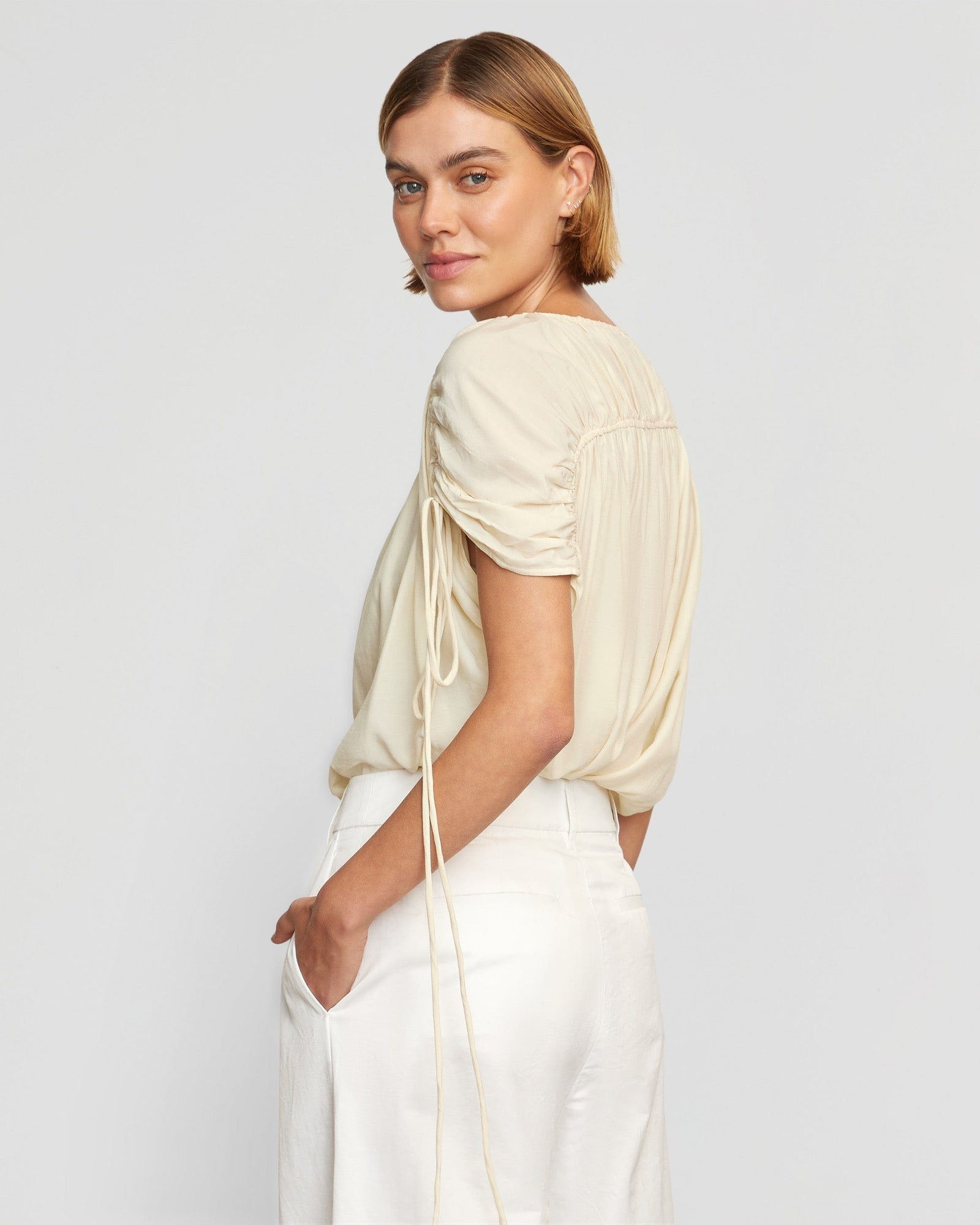 Akari Semi-Sheer Gathered-Shoulder Blouse | Cream