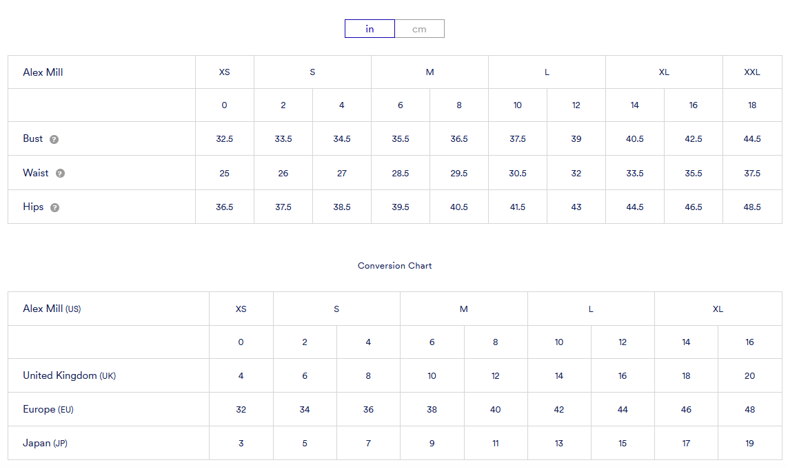 Product size guide