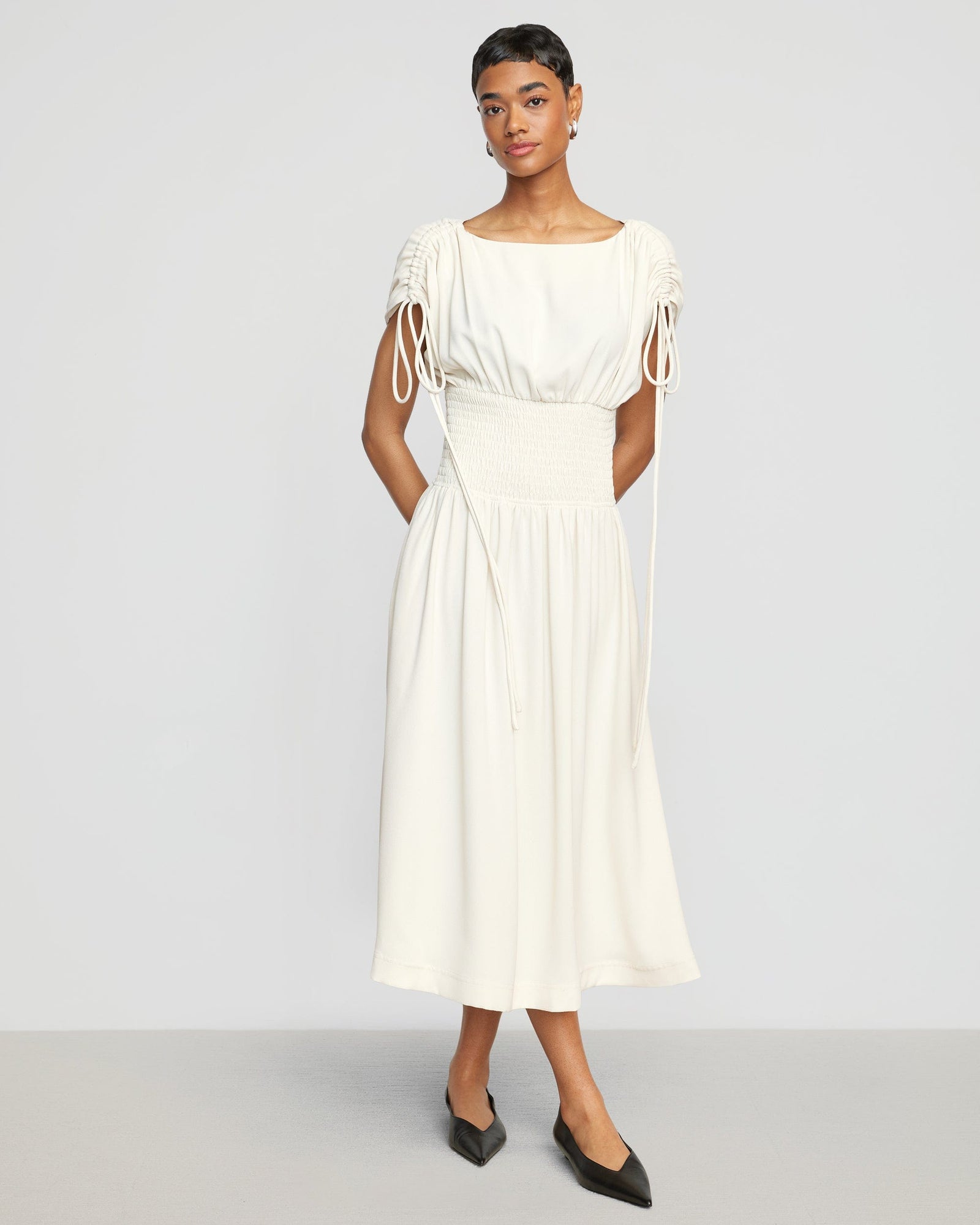 Simone | Ayumi Gathered-Shoulder Dress in Size Small