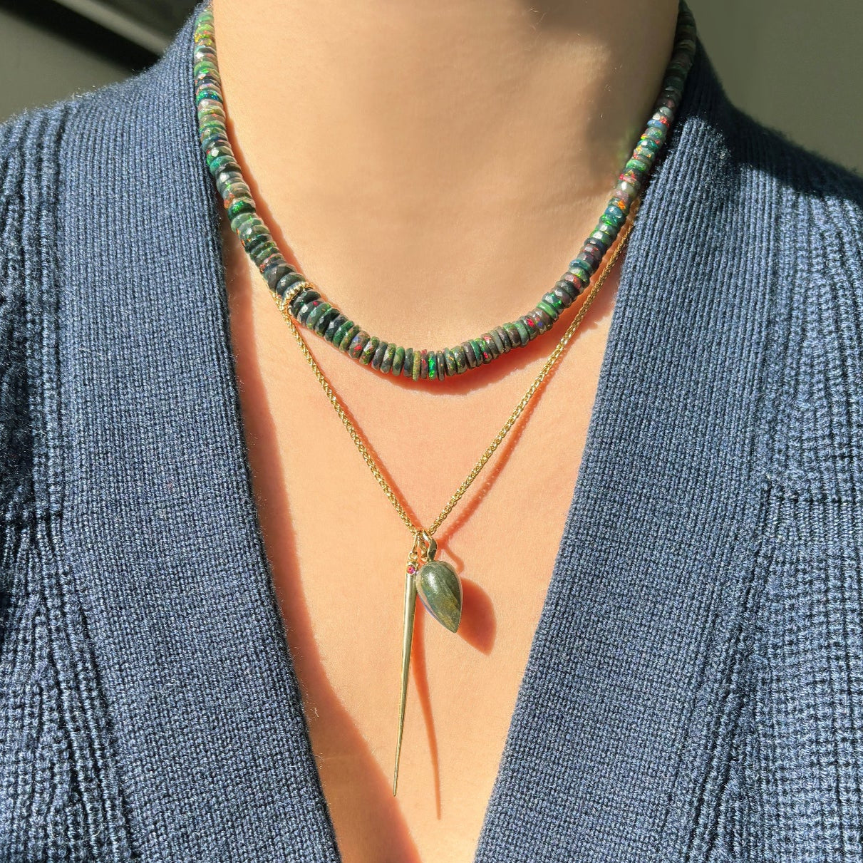 Black Faceted Opal Heishi necklace with wheat chain and labradorite drop charm with quill spike charm.