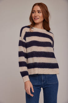 Crew Neck Relaxed Sweater - Navy Stripes