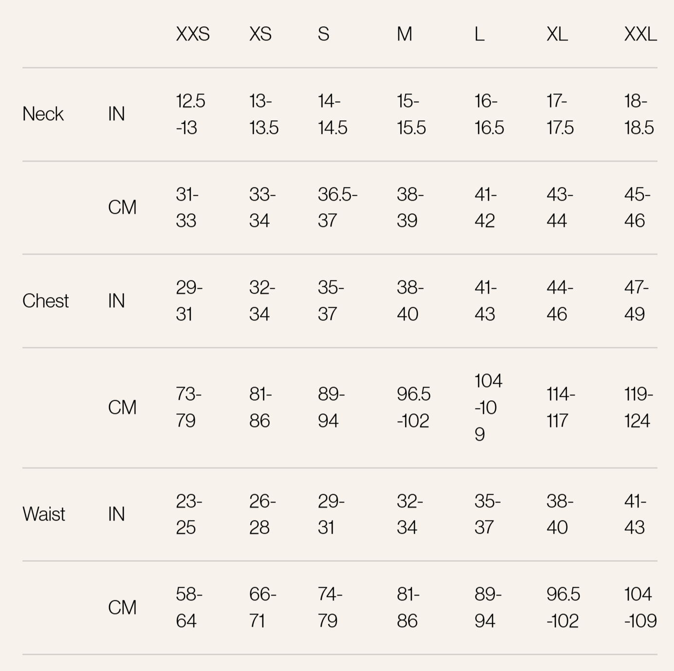Product size guide
