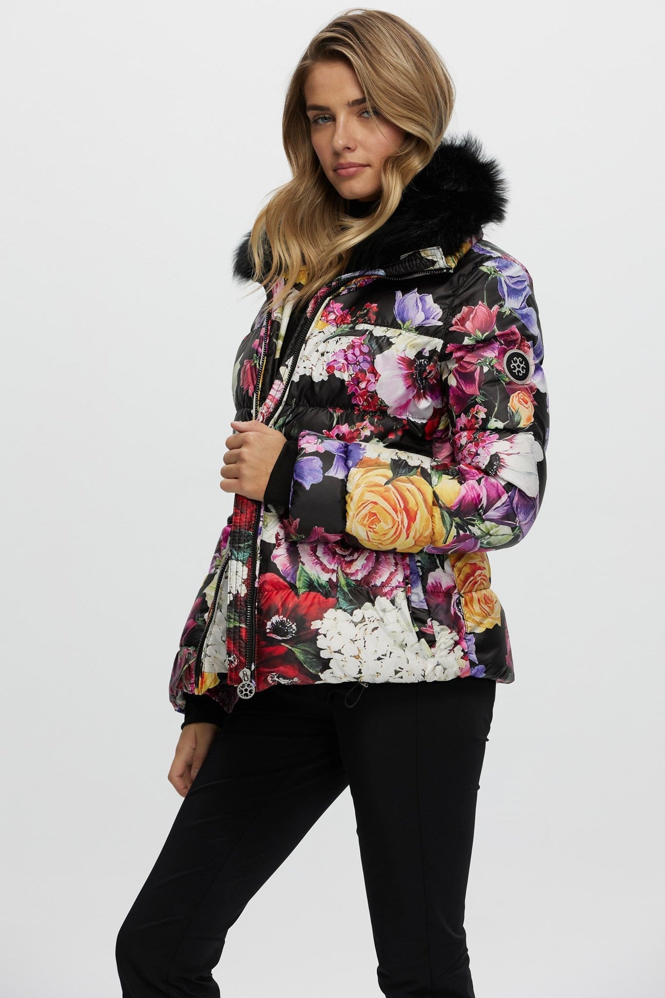 Après-Ski Jacket With Detachable Toscana Shearling Lamb Collar | Women | Black Floral x Black