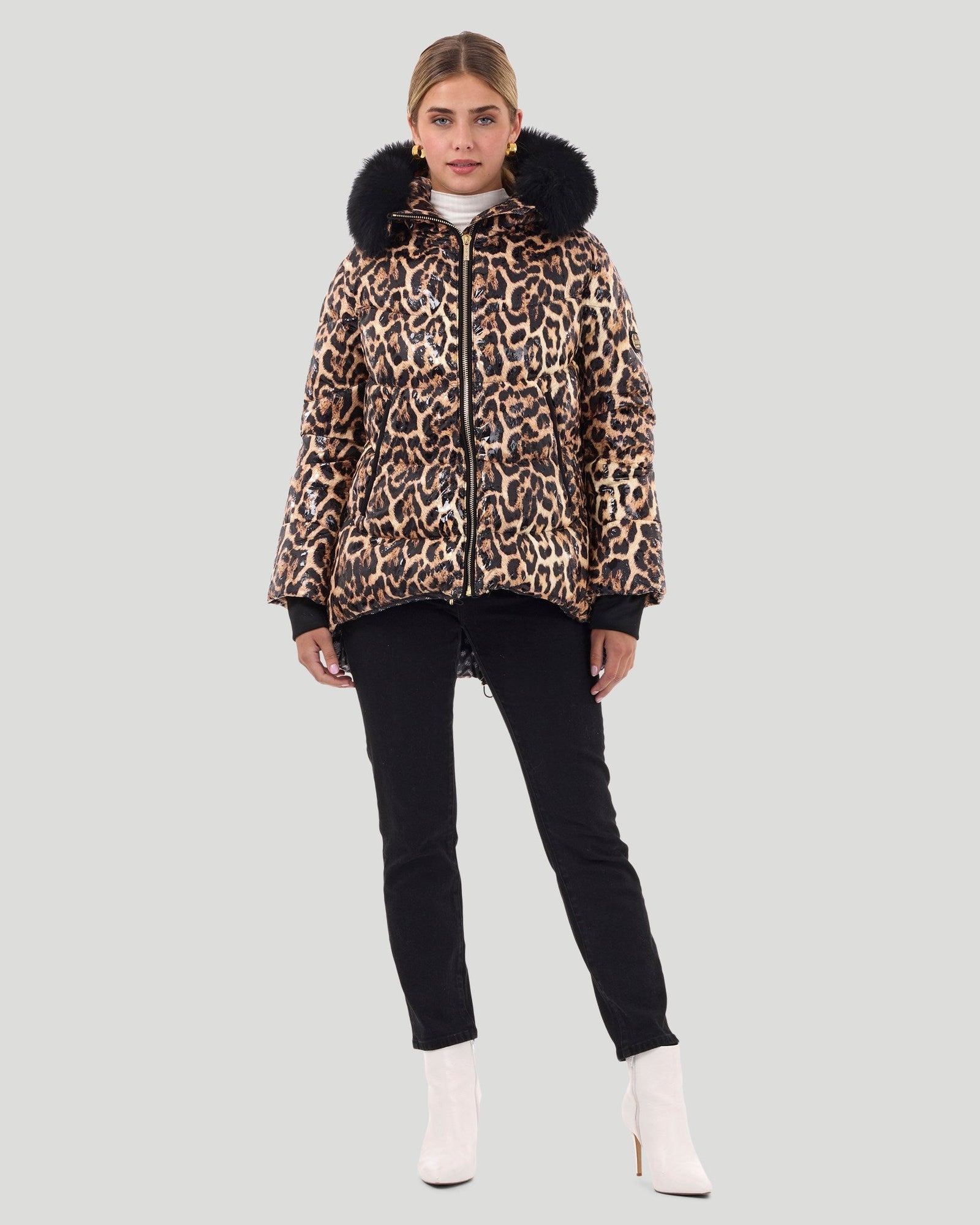 Après-Ski Jacket With Detachable Toscana Shearling Lamb Hood Trim | Women | Brown Leopard x Black