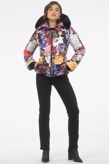 Après-Ski Jacket With Detachable Toscana Shearling Lamb Hood Trim | Women | Black Floral x Black