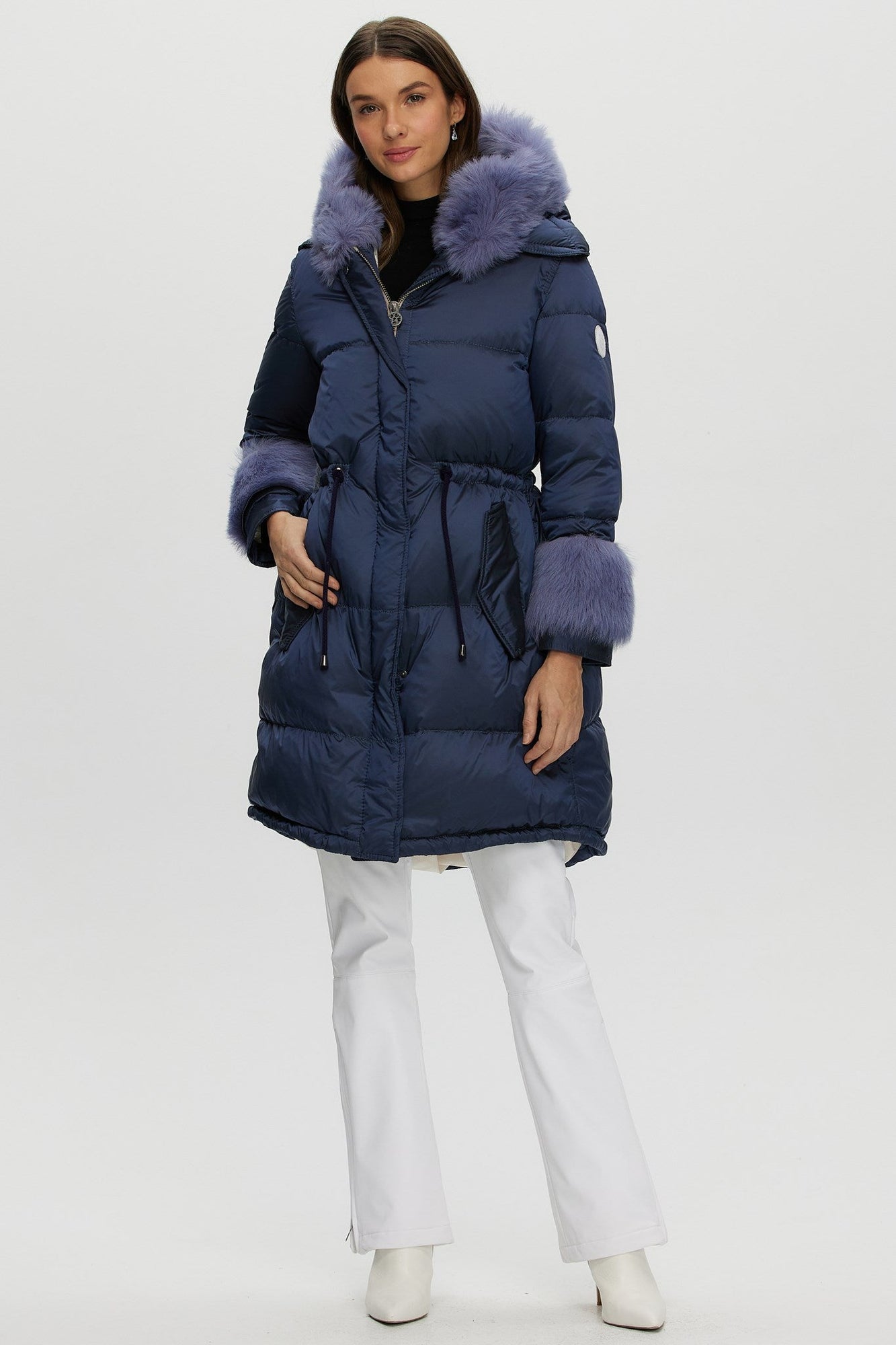 Après-Ski Jacket With Detachable Toscana Shearling Lamb Hood Trim & Toscana Shearling Lamb Cuffs | Women | Ocean Blue x Black