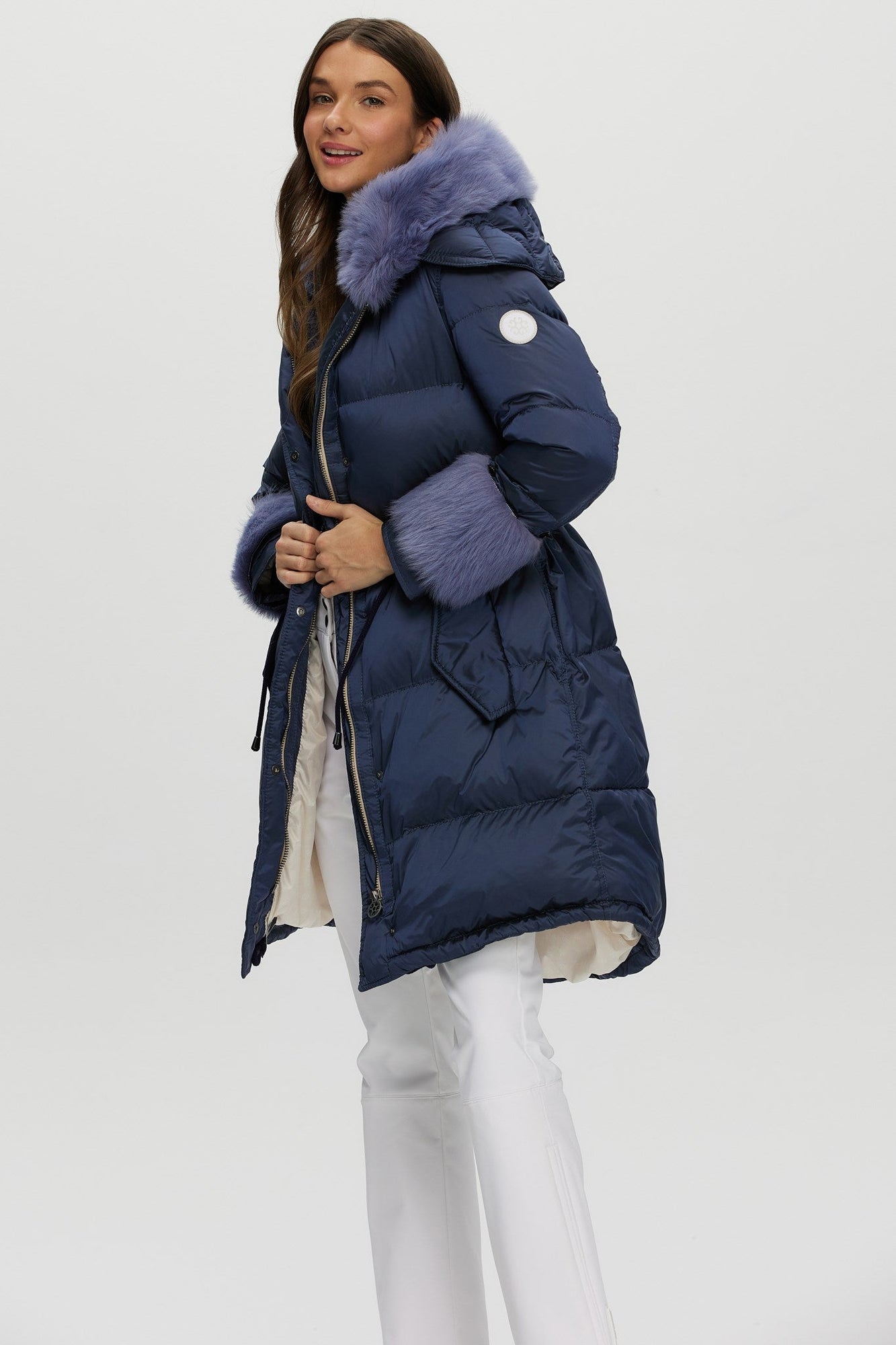 Après-Ski Jacket With Detachable Toscana Shearling Lamb Hood Trim & Toscana Shearling Lamb Cuffs | Women | Ocean Blue x Black