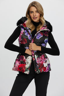 Après-Ski Vest With Detachable Toscana Shearling Lamb Hood Trim | Women | Black Floral x Black (V1)