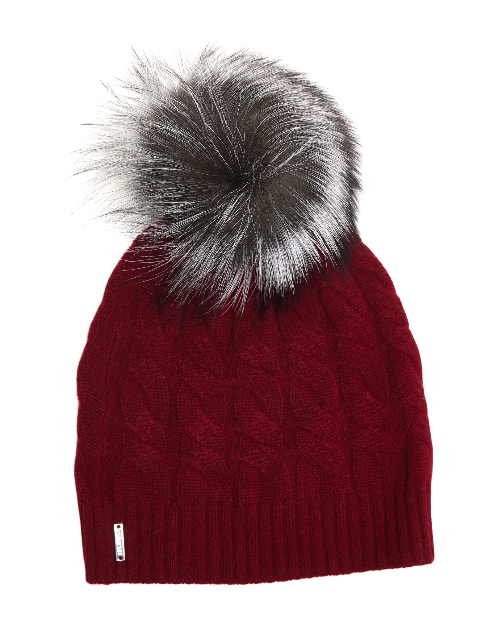 Cable Knit Cashmere Hat With Fo Fur Pompom | Women | Burgundy x Silver Fox