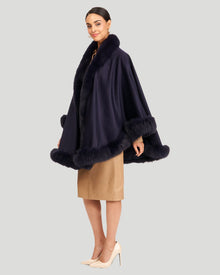 Cashmere Cape With Fox Trim | Women | Navy