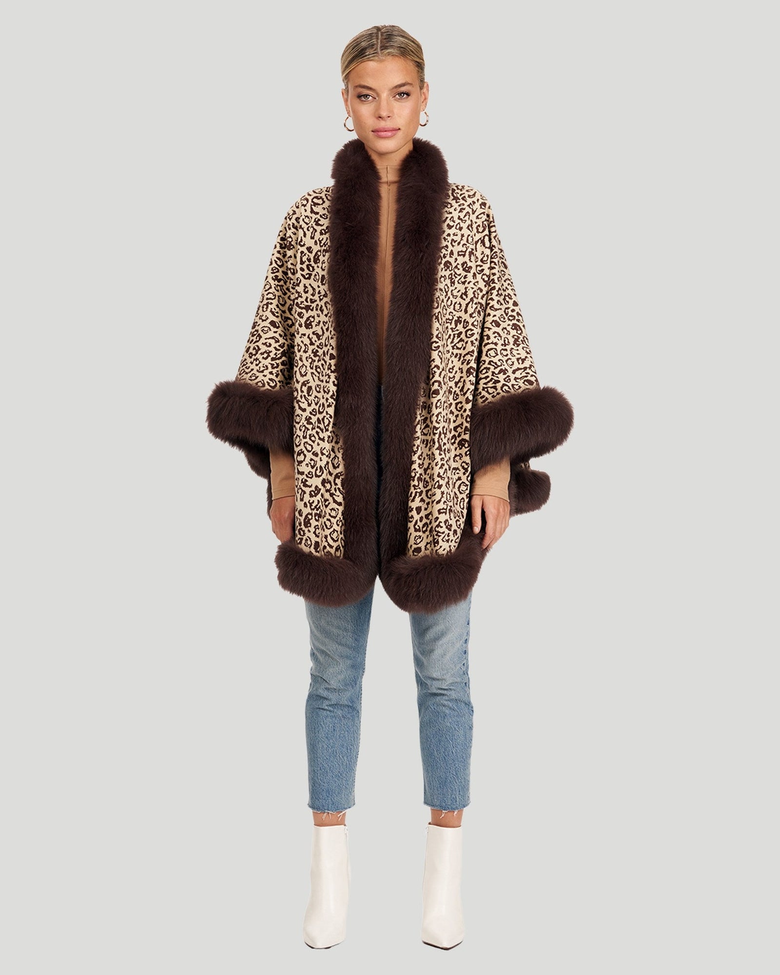 Cashmere Caplet With Fox Trim | Women | Brown Animal Print