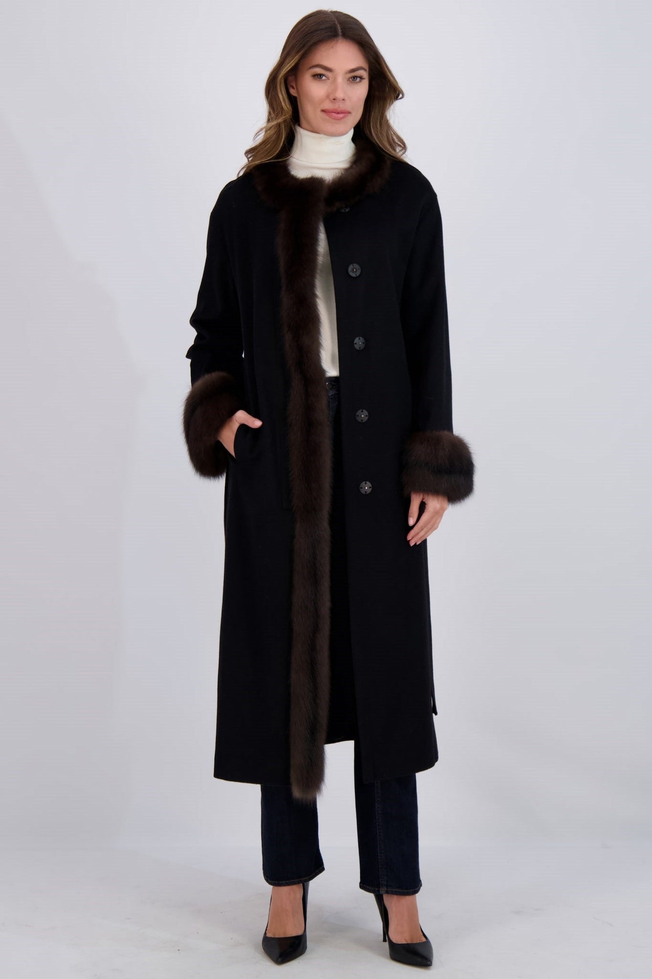 Cashmere Short Coat With Sable Trim | Women | Black x Barguzine