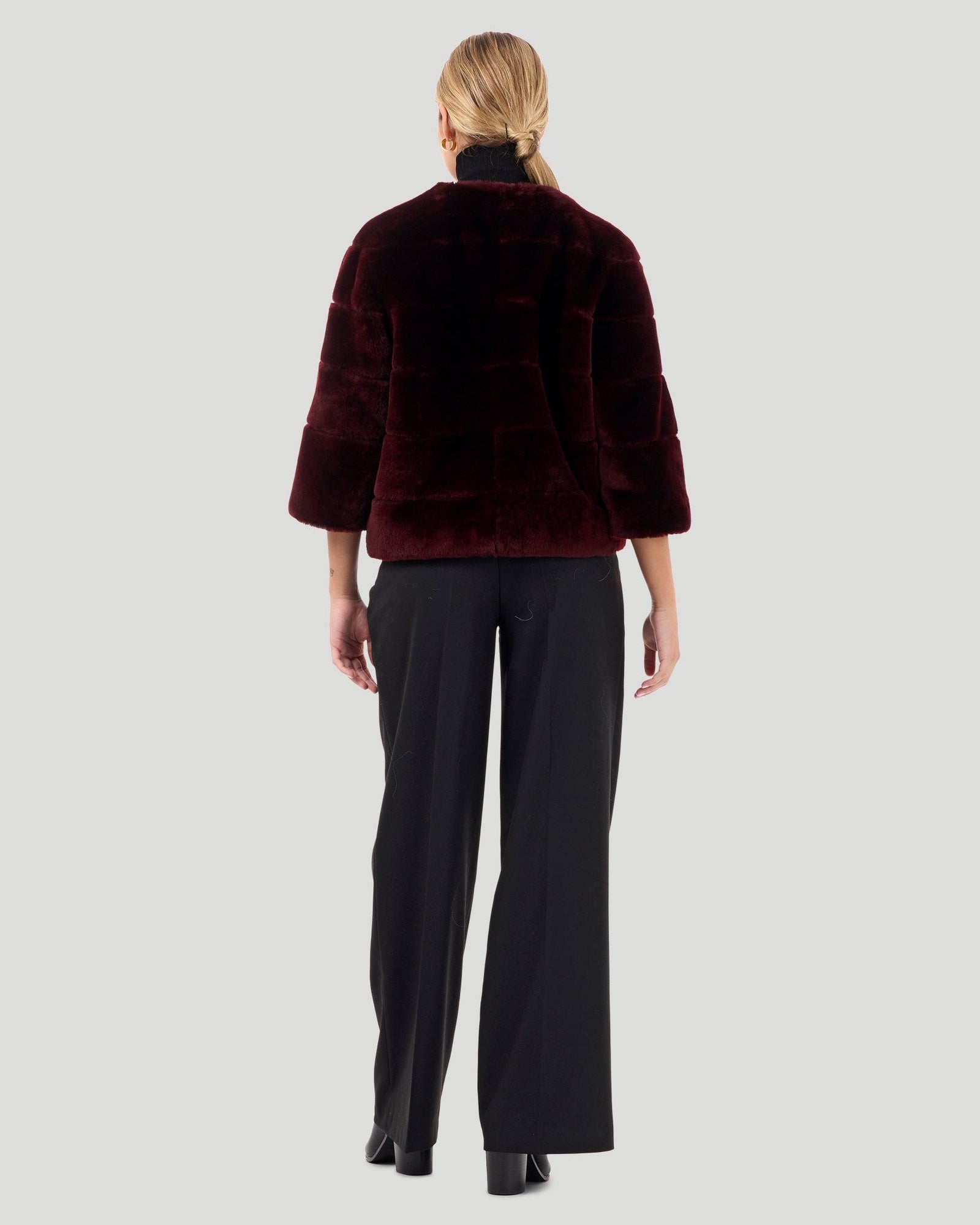 Collarless Select Shearling Lamb Jacket With 3/4 Sleeves | Women | Burgundy