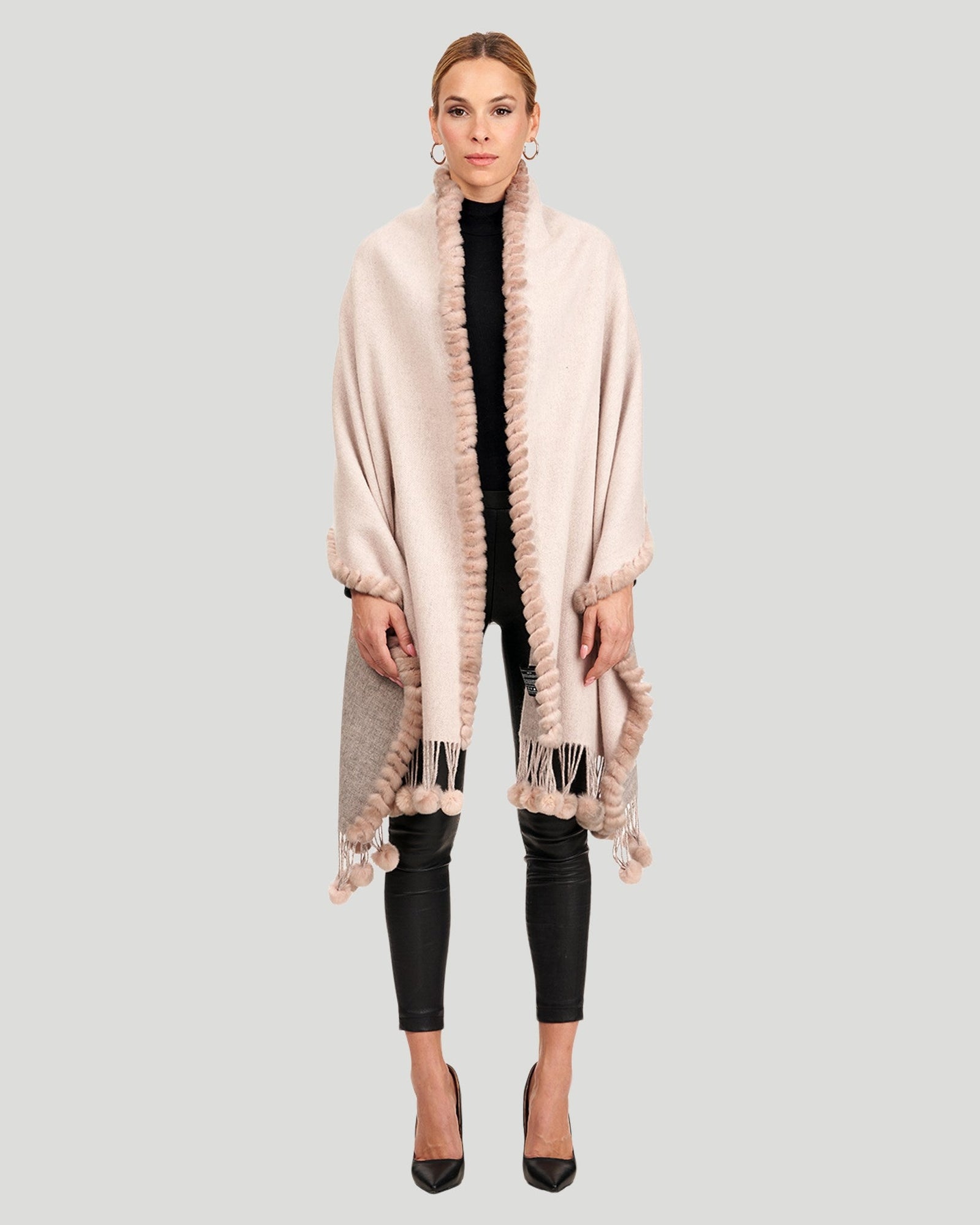 Double Face Cashmere And Wool Stole With Re Rabbit Trim | Women | Gray x Pink