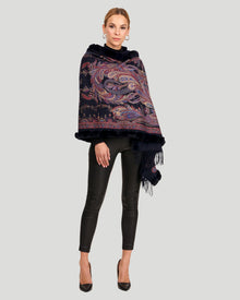 Double Face Cashmere Stole With Rex Rabbit Trim | Women | Navy Paisley