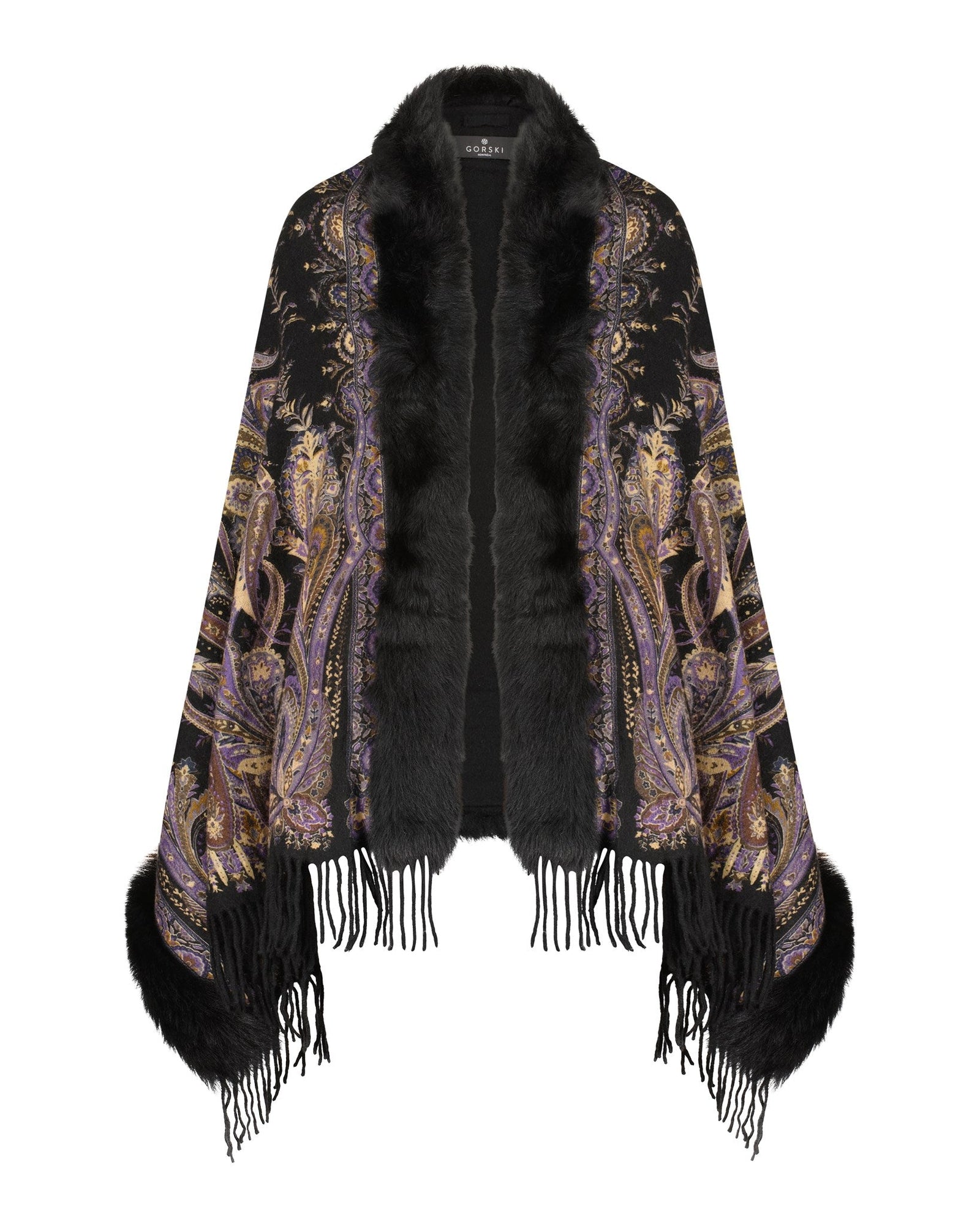 Double Face Select Cashmere Stole With Toscana Shearling Lamb Trim | Women | Black Paisley