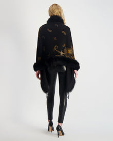 Double Face Select Cashmere Stole With Toscana Shearling Lamb Trim | Women | Black Gold Paisley