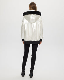 Fabric Jacket With Detachable Shearling Lamb Hood Trim | Women | Platinum x Black