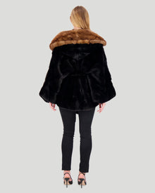 Horizontal Mink Cape With Sable Hood, Mink Belt | Women | Black x Brown