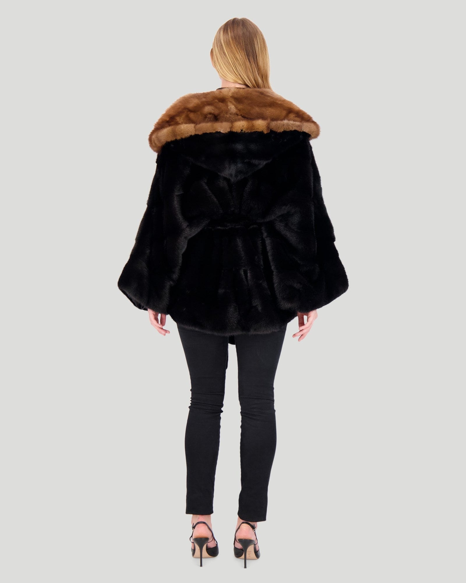 Horizontal Mink Cape With Sable Hood, Mink Belt | Women | Black x Brown