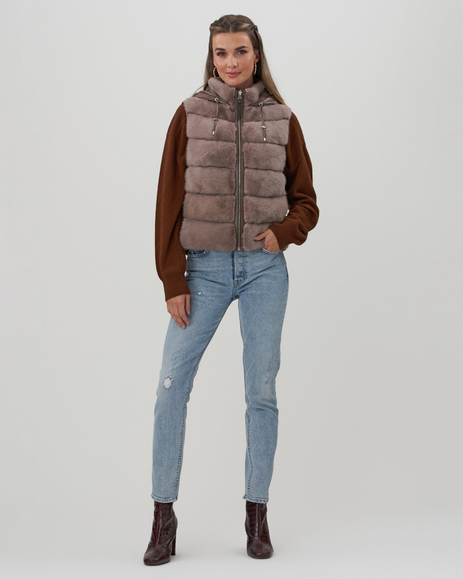 Horizontal Mink Hooded Zip Vest With Down Back | Women | Taupe x Brown