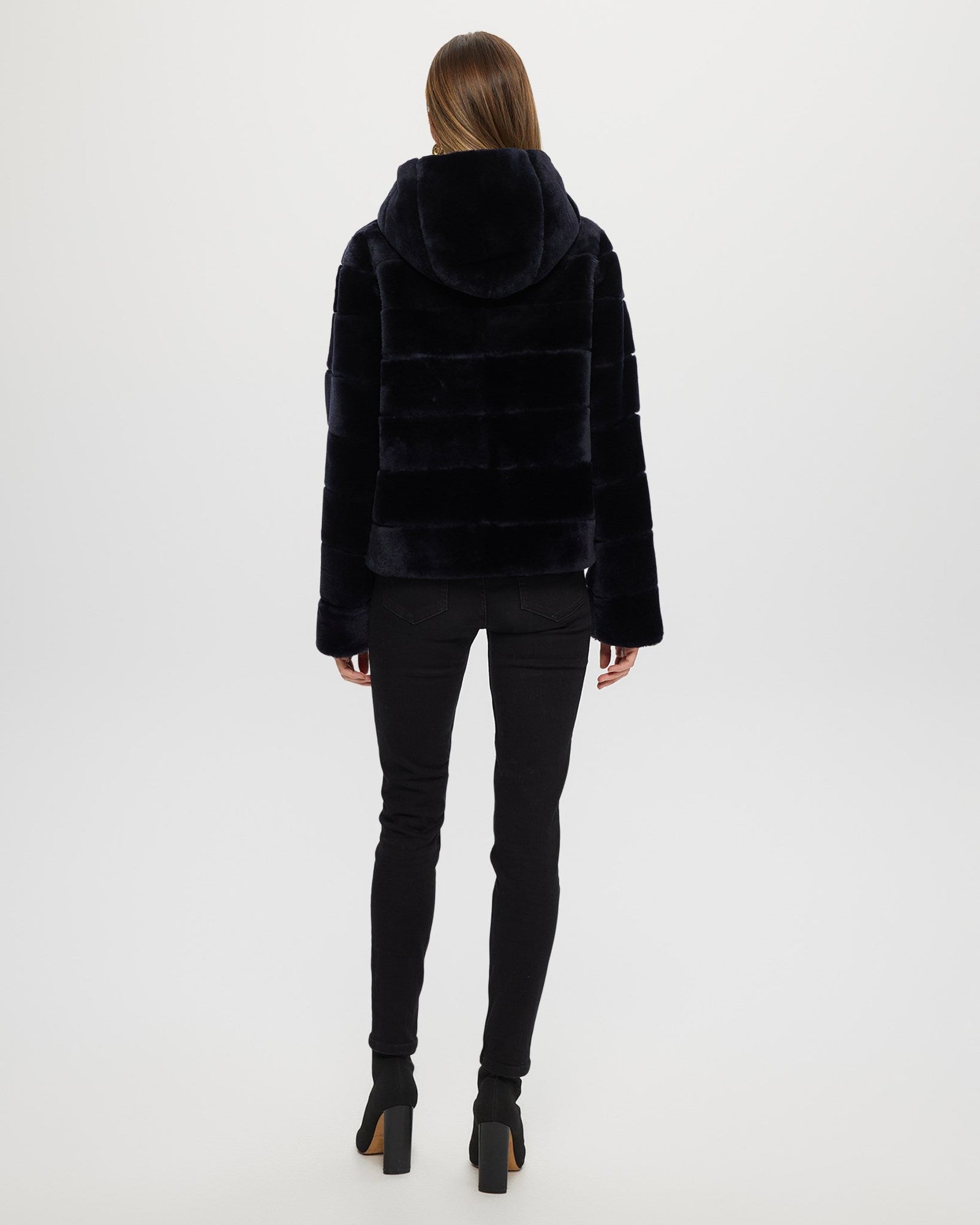 Horizontal Select Shearling Lamb Zip Jacket With Hood | Women | Navy