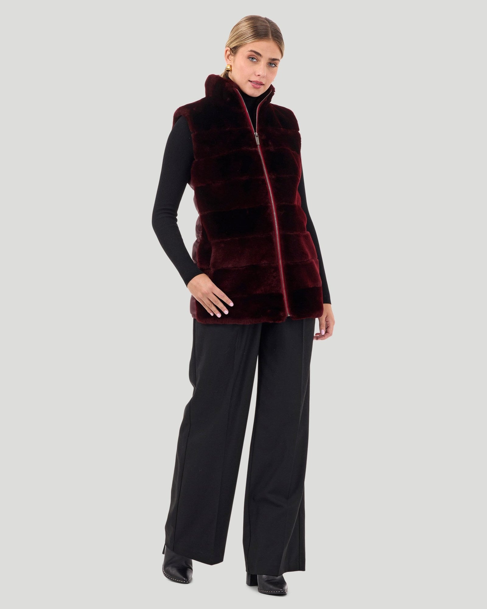 Horizontal Select Shearling Lamb Zip Vest With Quilted Back | Women | Burgundy x Burgundy