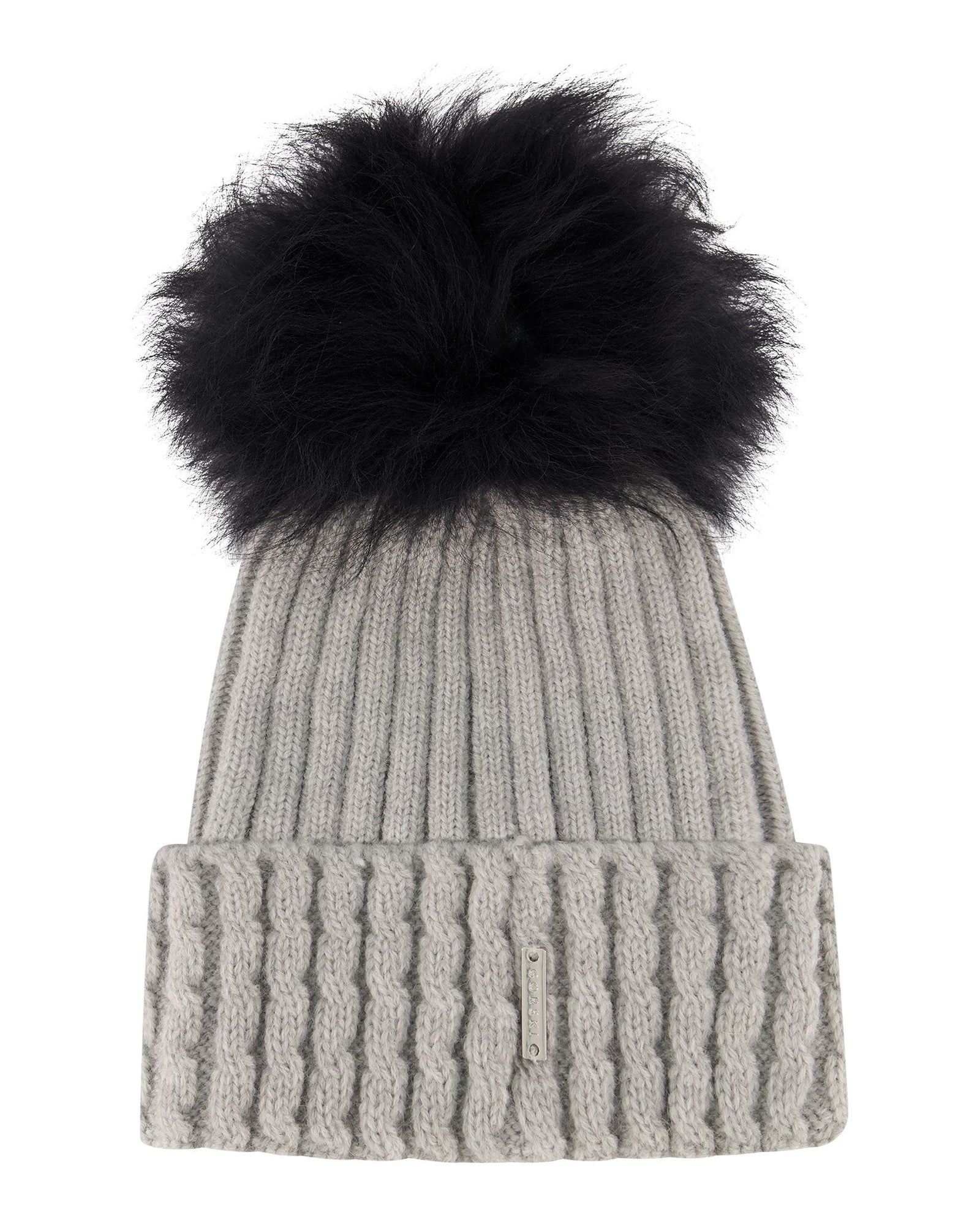 Knit Hat With Toscana Shearling Lamb Pompom | Women | Light Gray x Black