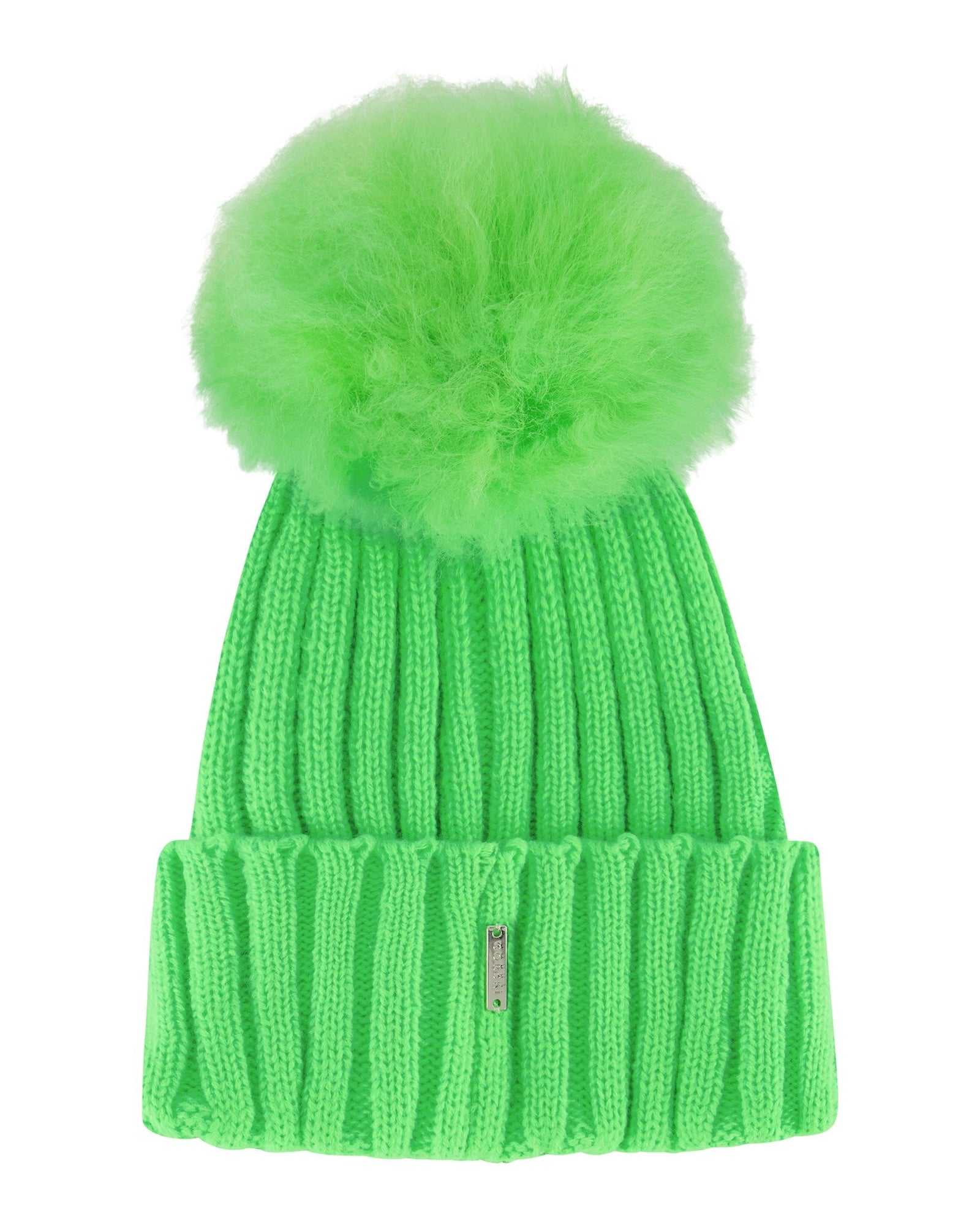 Knit Hat With Toscana Shearling Lamb Pompom | Women | Neon Green x Neon Green