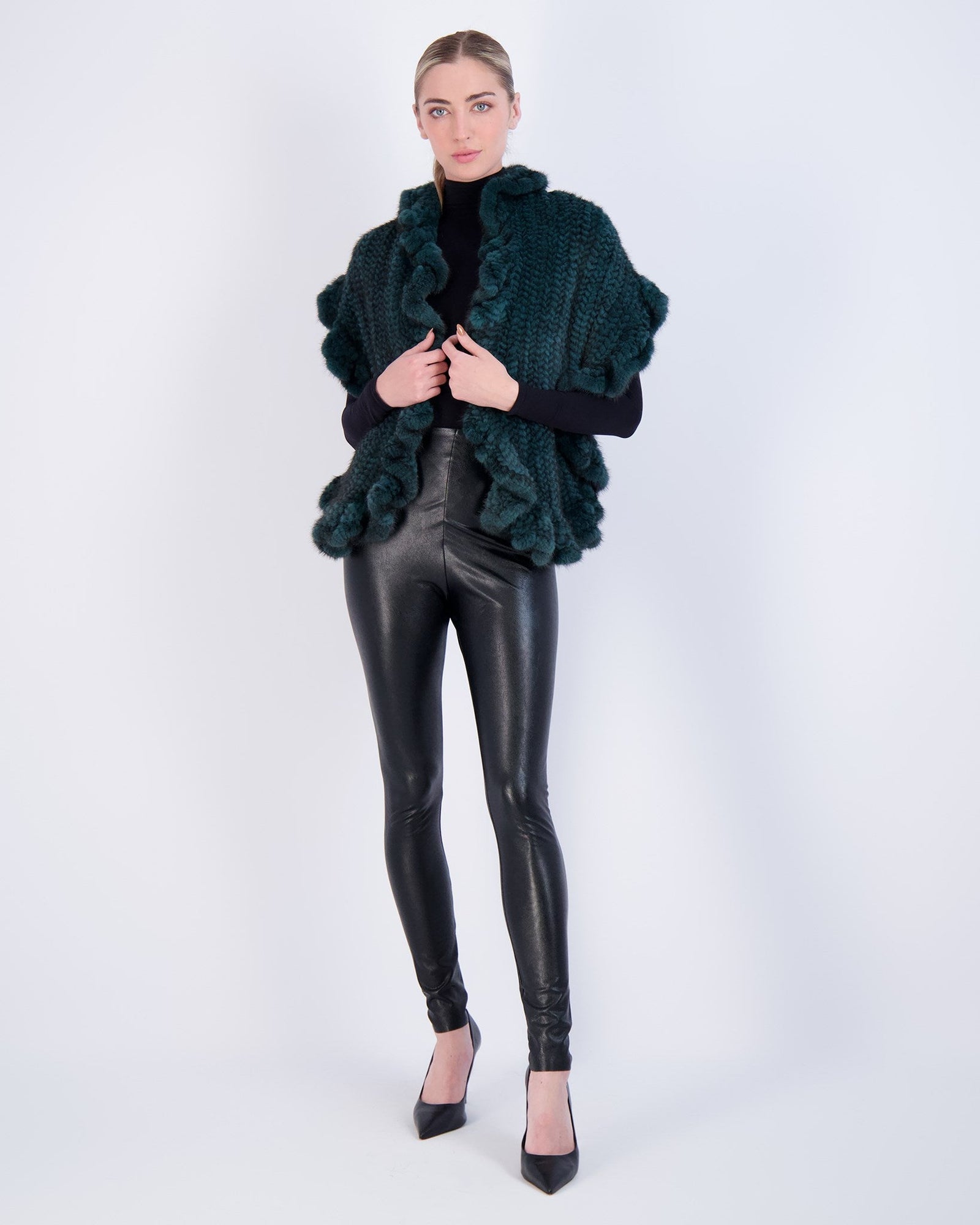 Knit Mink Ruffle Stole | Women | Emerald