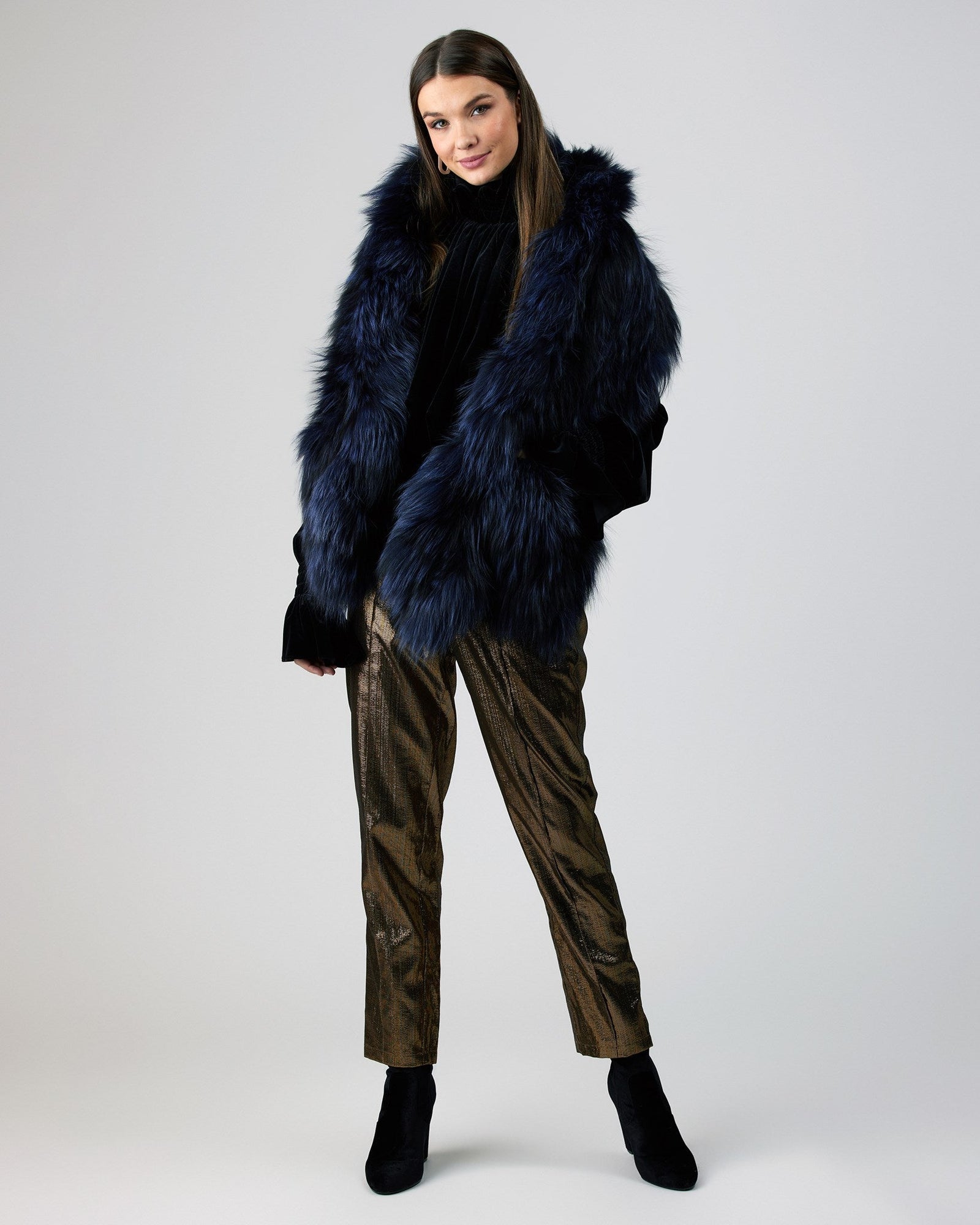 Knit Silver Fox Fur Ruffle Stole | Women | Navy