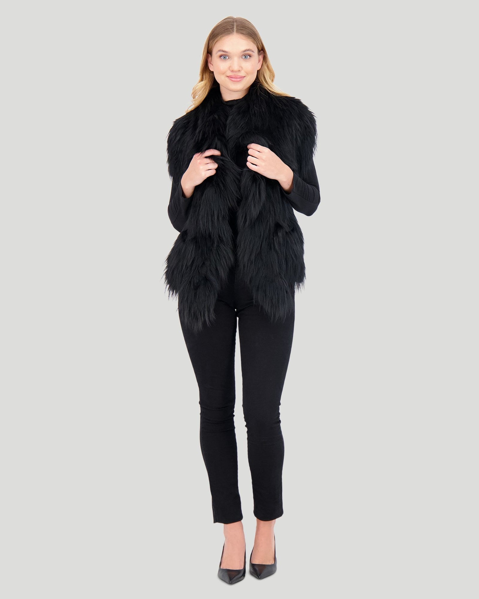 Knit Silver Fox Fur Ruffle Stole | Women | Black