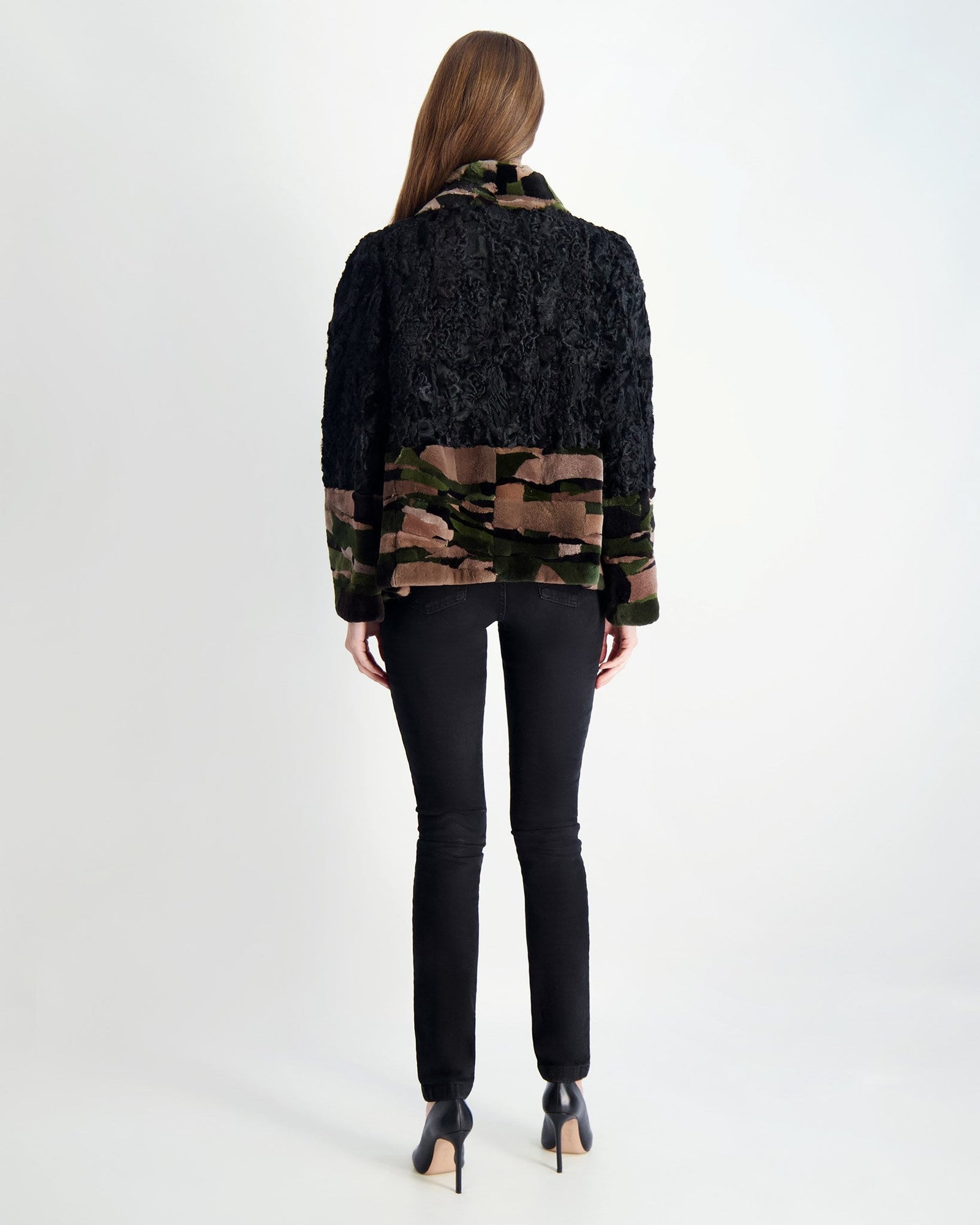 Lamb And Mink Sections Jacket | Women | Black x Camoflage