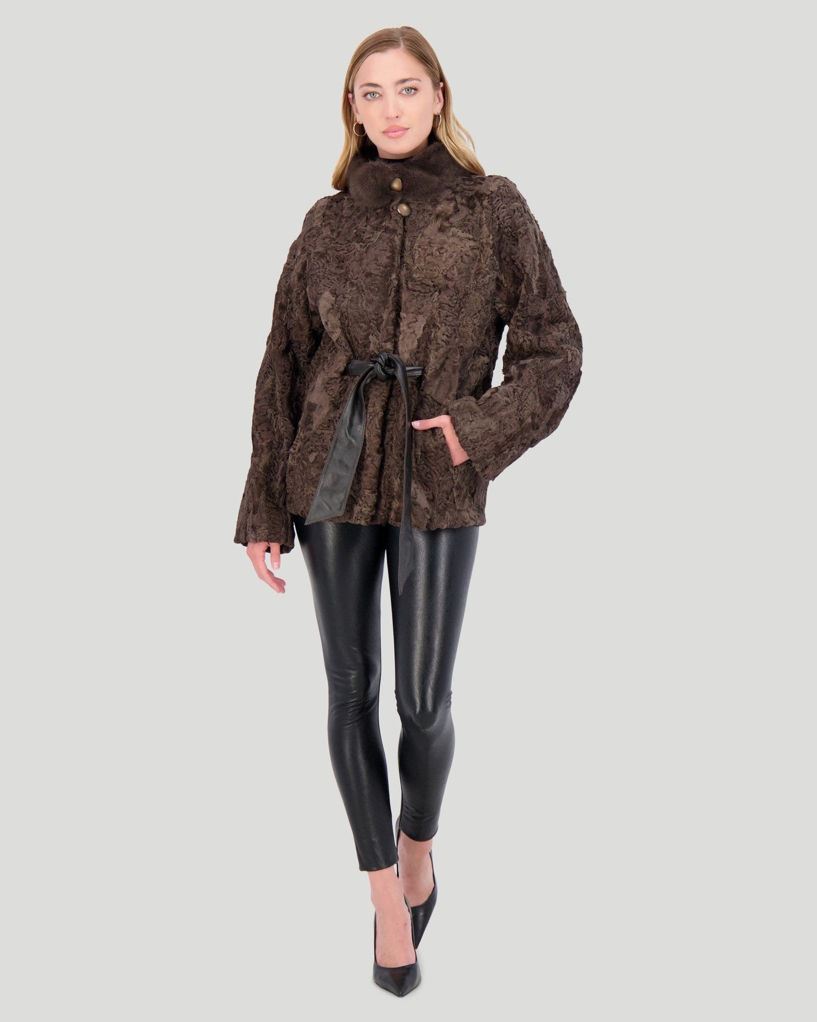 Lamb Jacket With Mink Stand Collar | Women | Brown (V2)