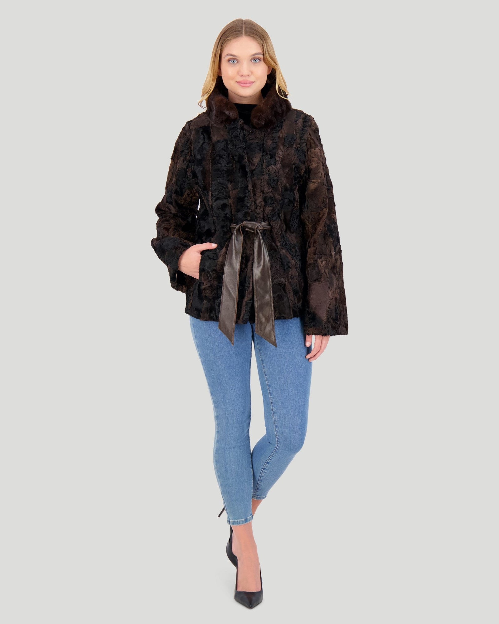 Lamb Jacket With Mink Stand Collar | Women | Brown (V1)