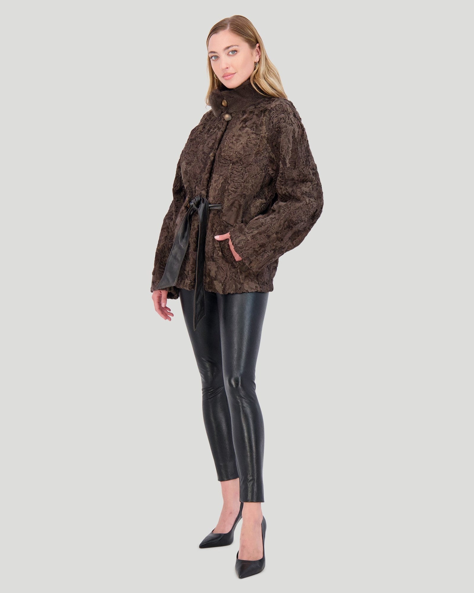 Lamb Jacket With Mink Stand Collar | Women | Brown (V2)