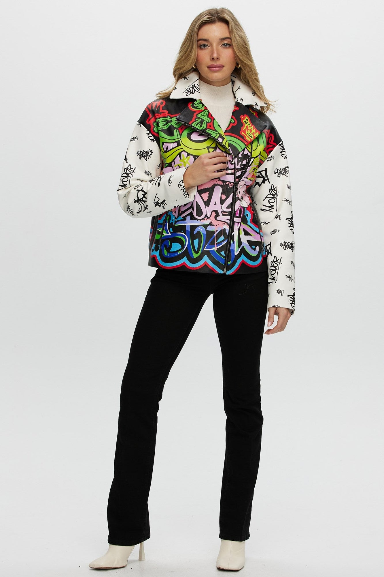 Leather Moto Jacket | Women | Graffiti Print