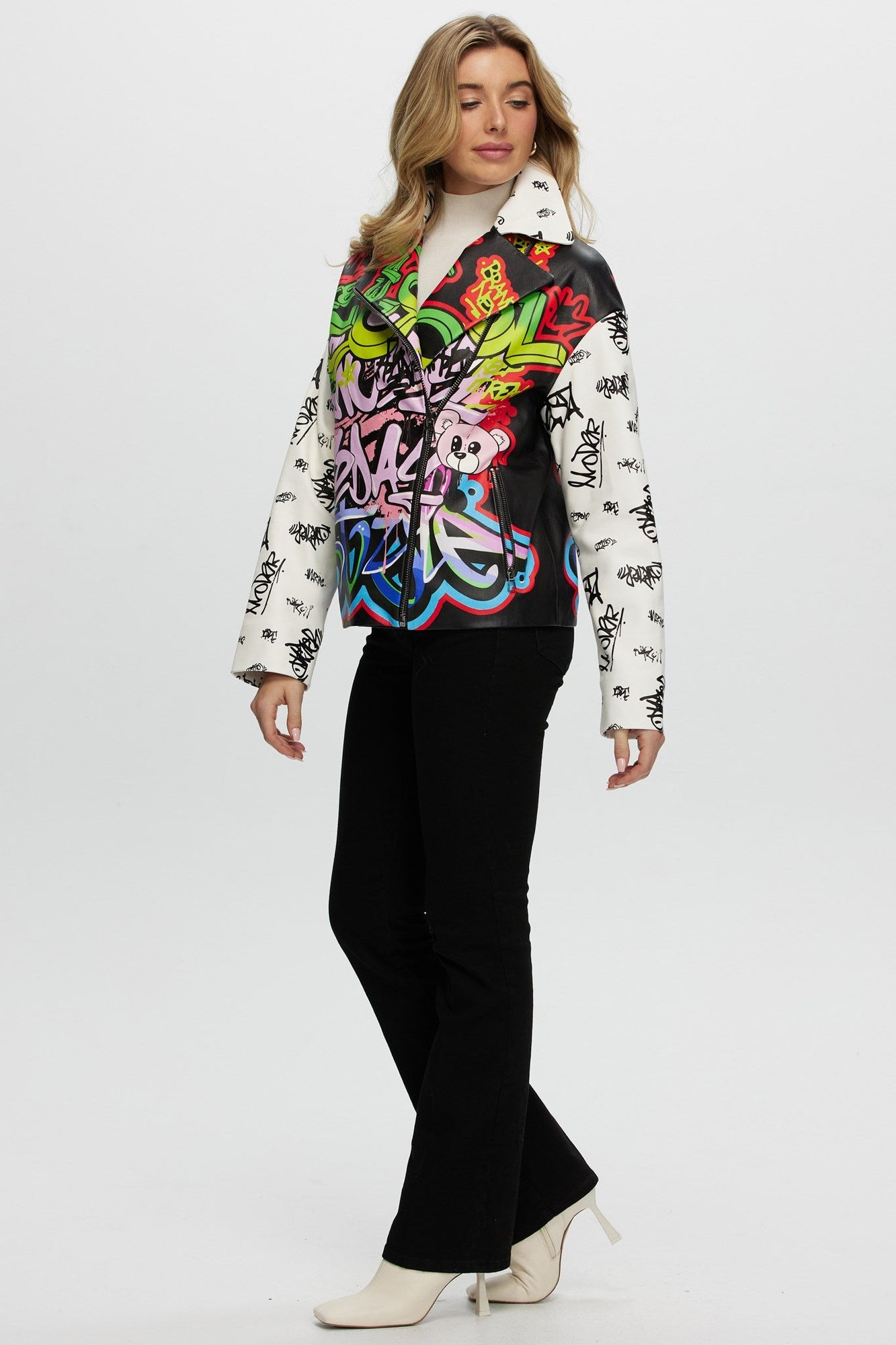 Leather Moto Jacket | Women | Graffiti Print