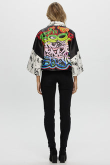 Leather Zip Jacket With Cropped Sleeves | Women | Graffiti Print