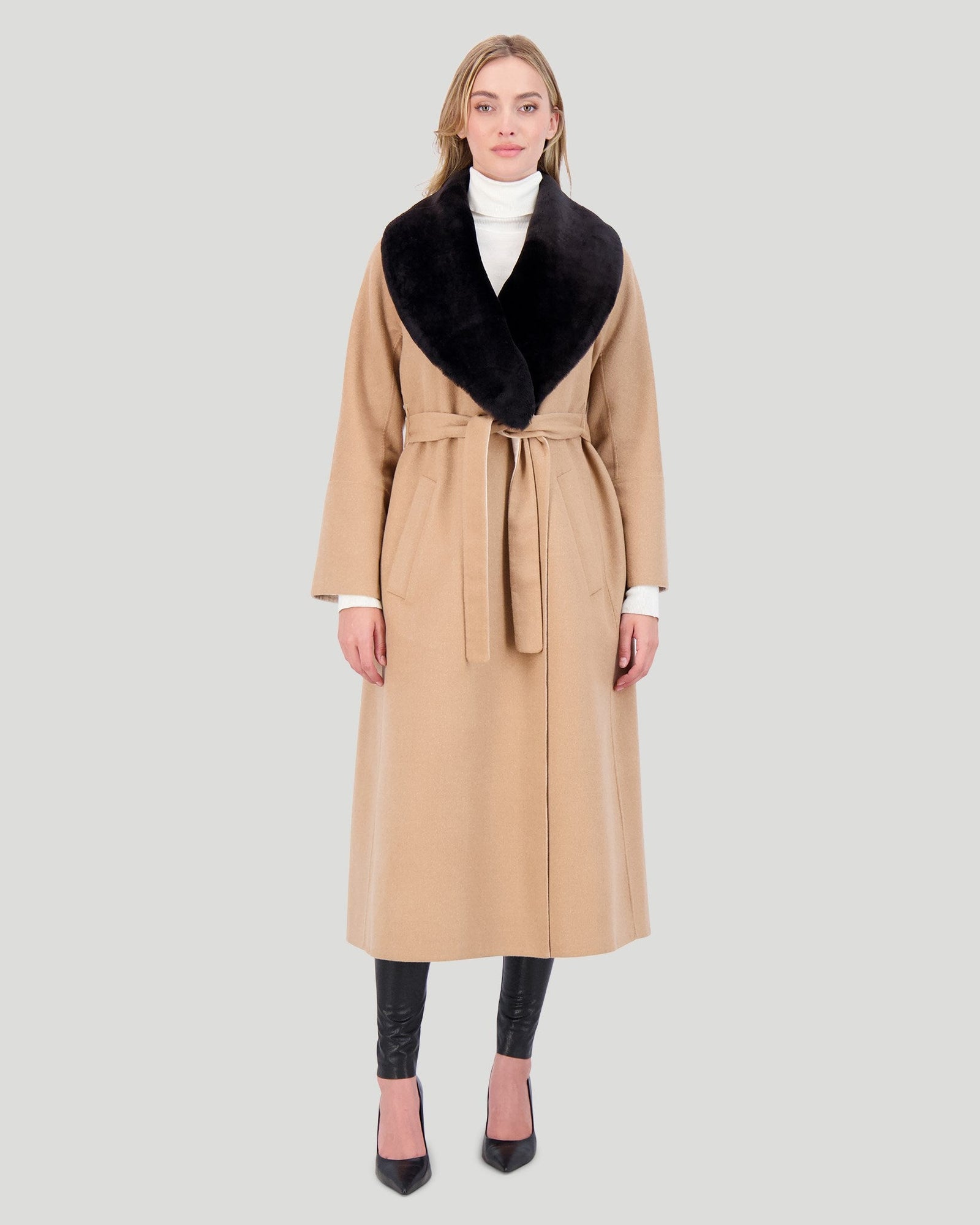 Loro Piana Wool Short Coat With Select Shearling Lamb Collar | Women | Camel x Beige