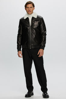 Leather Jacket With Shearling Lamb | Men | Black x White