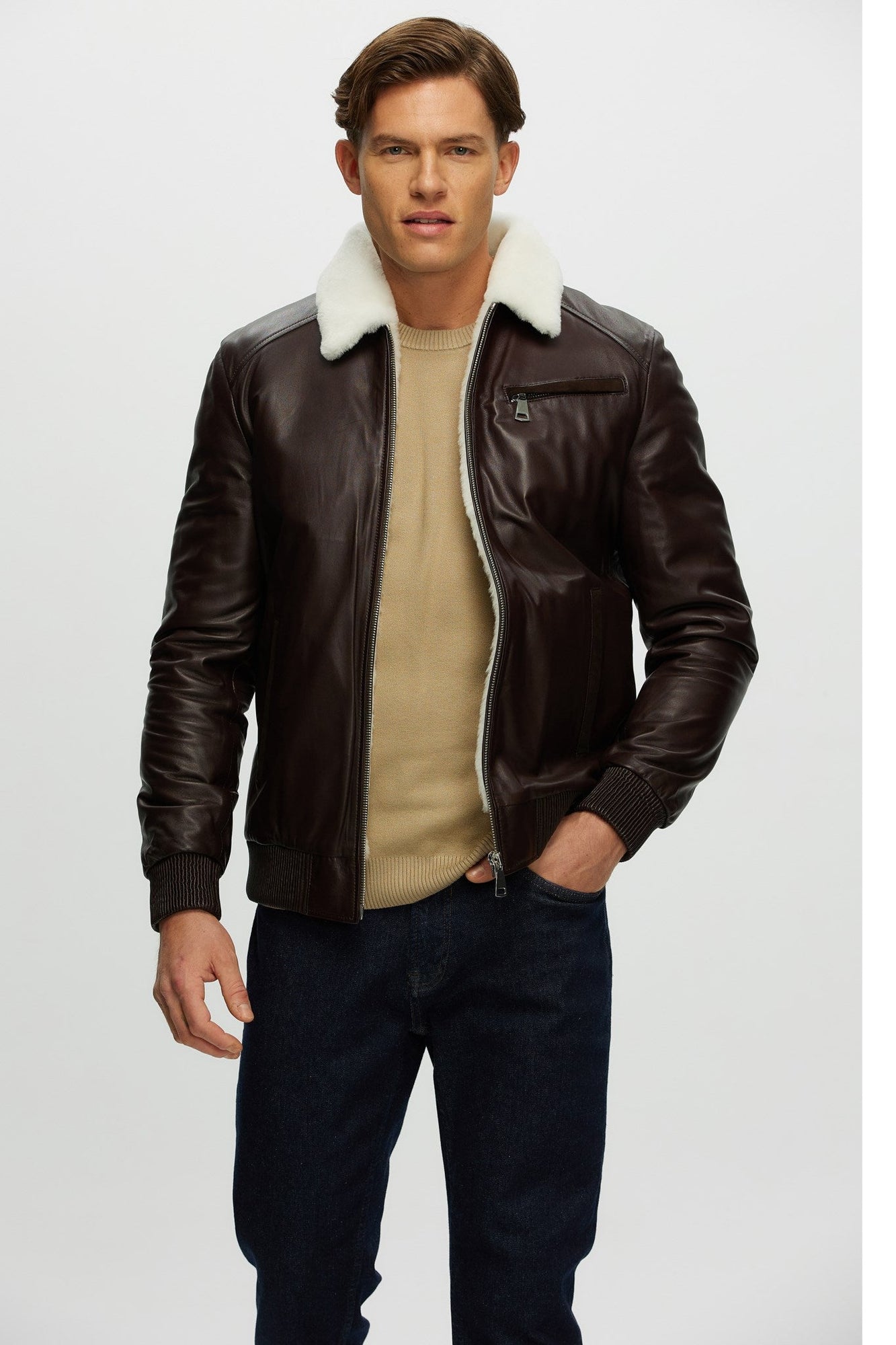 Leather Jacket With Shearling Lamb | Men | Brown