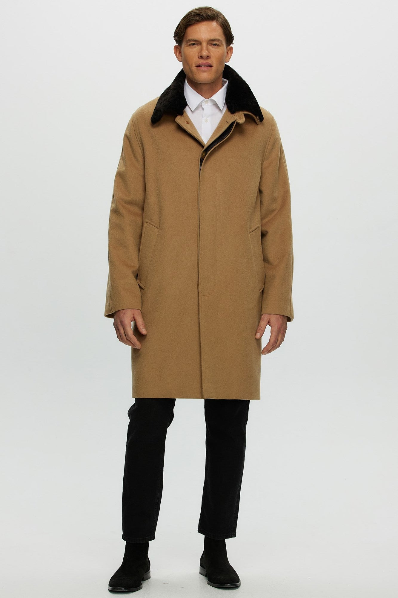 Loro Piana Cashmere Short Coat With Detachable Select Shearling Lamb Collar | Men | Camel x Dark Brown