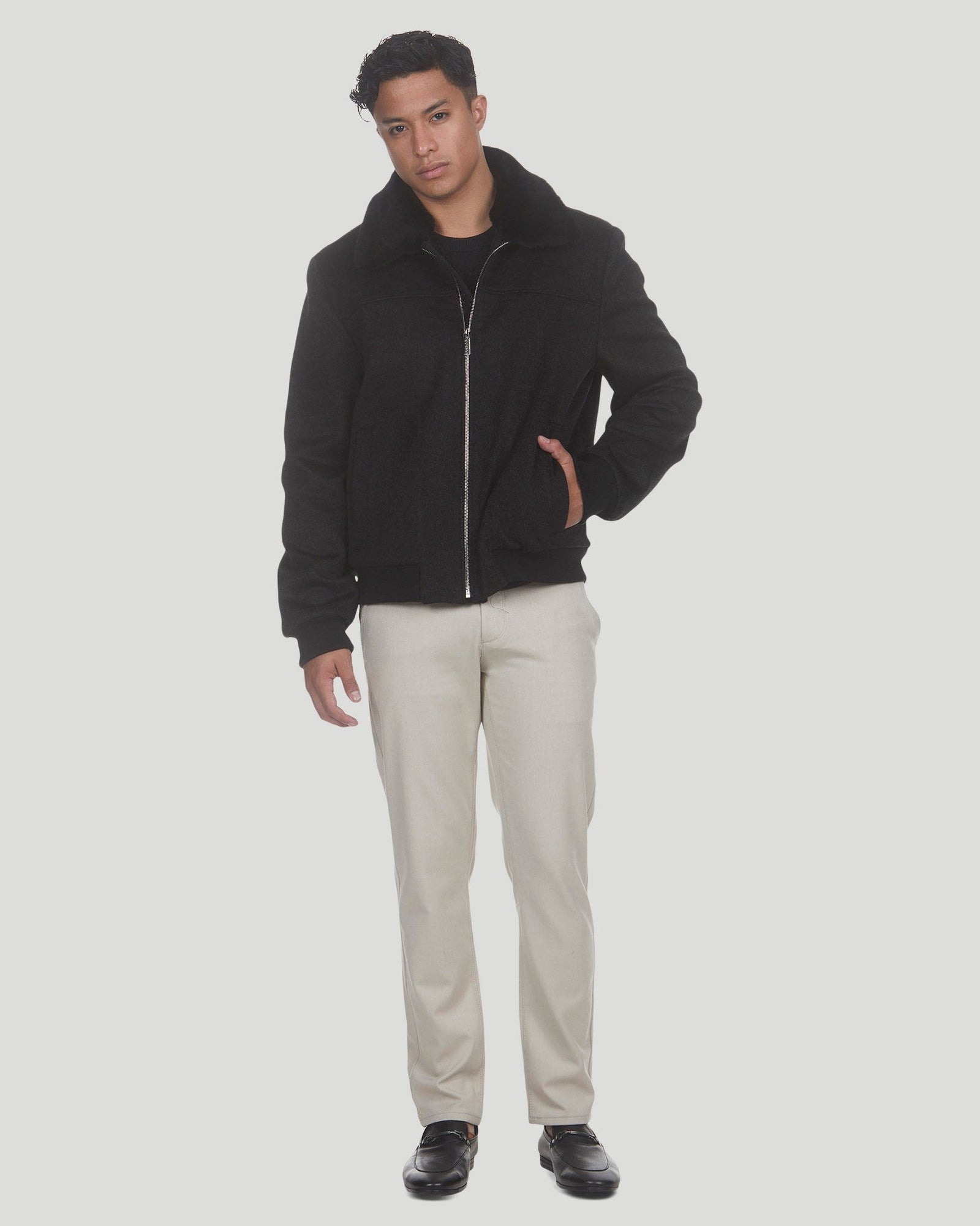 Loro Piana Wool Jacket With Detachable Select Shearling Lamb Collar | Men | Black Melange