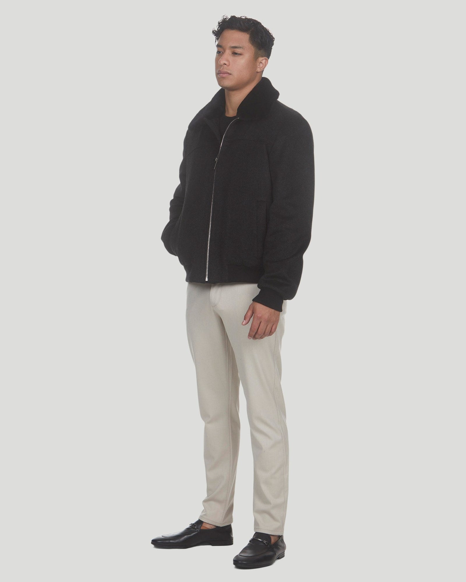 Loro Piana Wool Jacket With Detachable Select Shearling Lamb Collar | Men | Black Melange