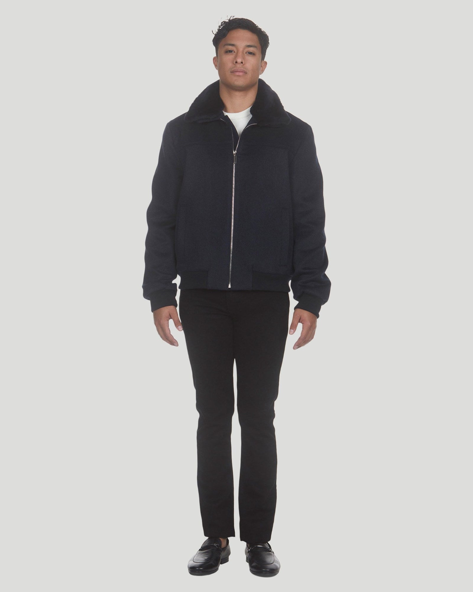 Loro Piana Wool Jacket With Detachable Select Shearling Lamb Collar | Men | Navy Melange