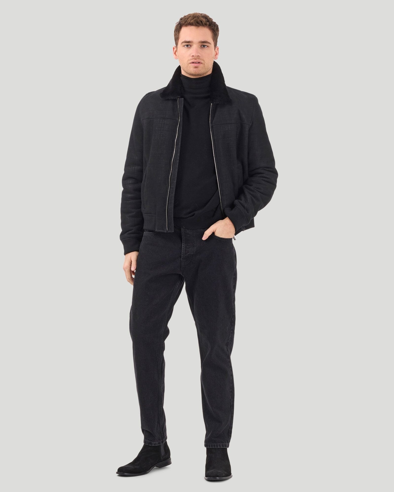 Merino Shearling Lamb Bomber Jacket | Men | Black Pattern